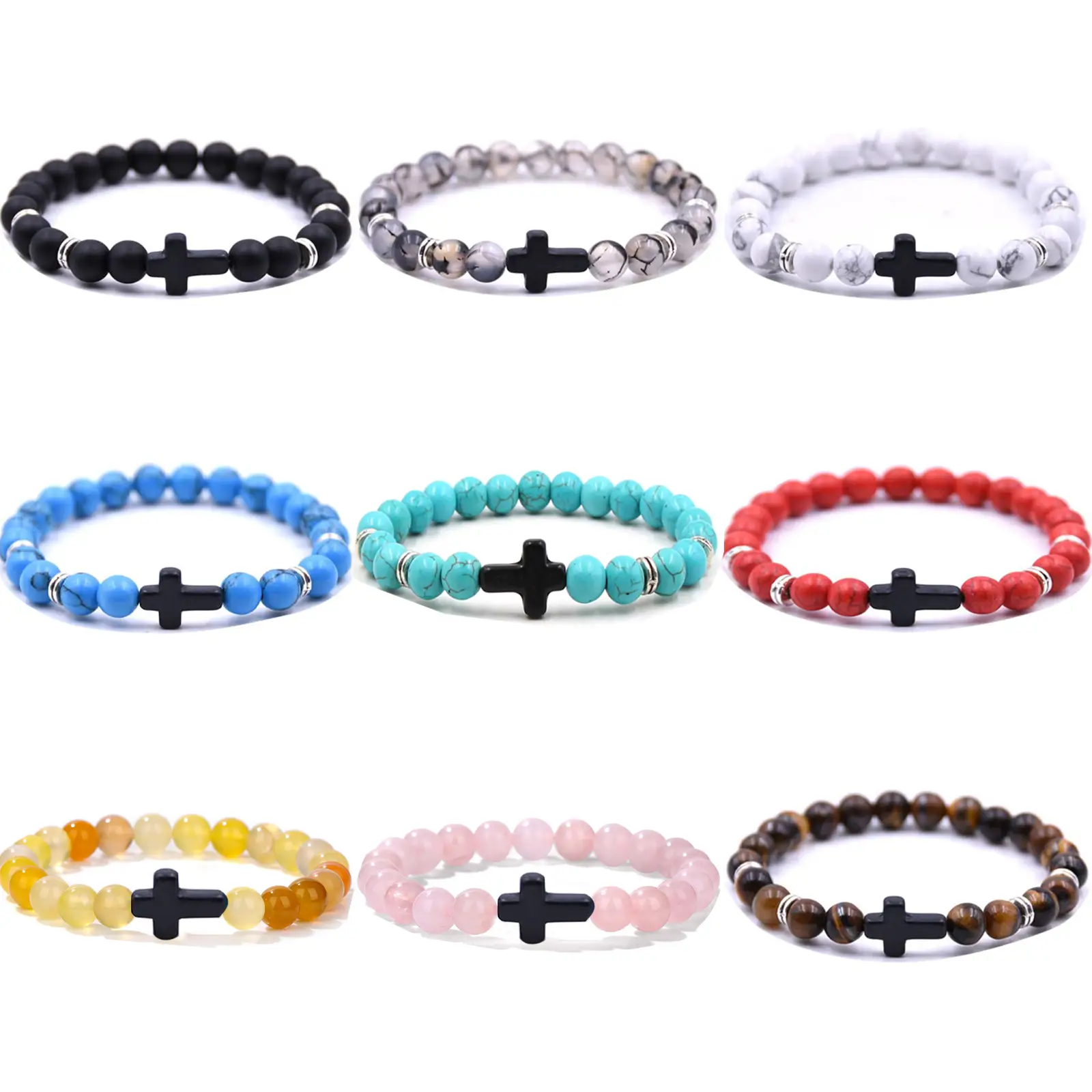 【LIVE】Cross Beads Bracelet for Men Women, 8MM Beaded Bracelets Couples Bracelets,Lava Rock Turquoise Tiger Eye Natural Bracelet Anxiety Stretch Elasti