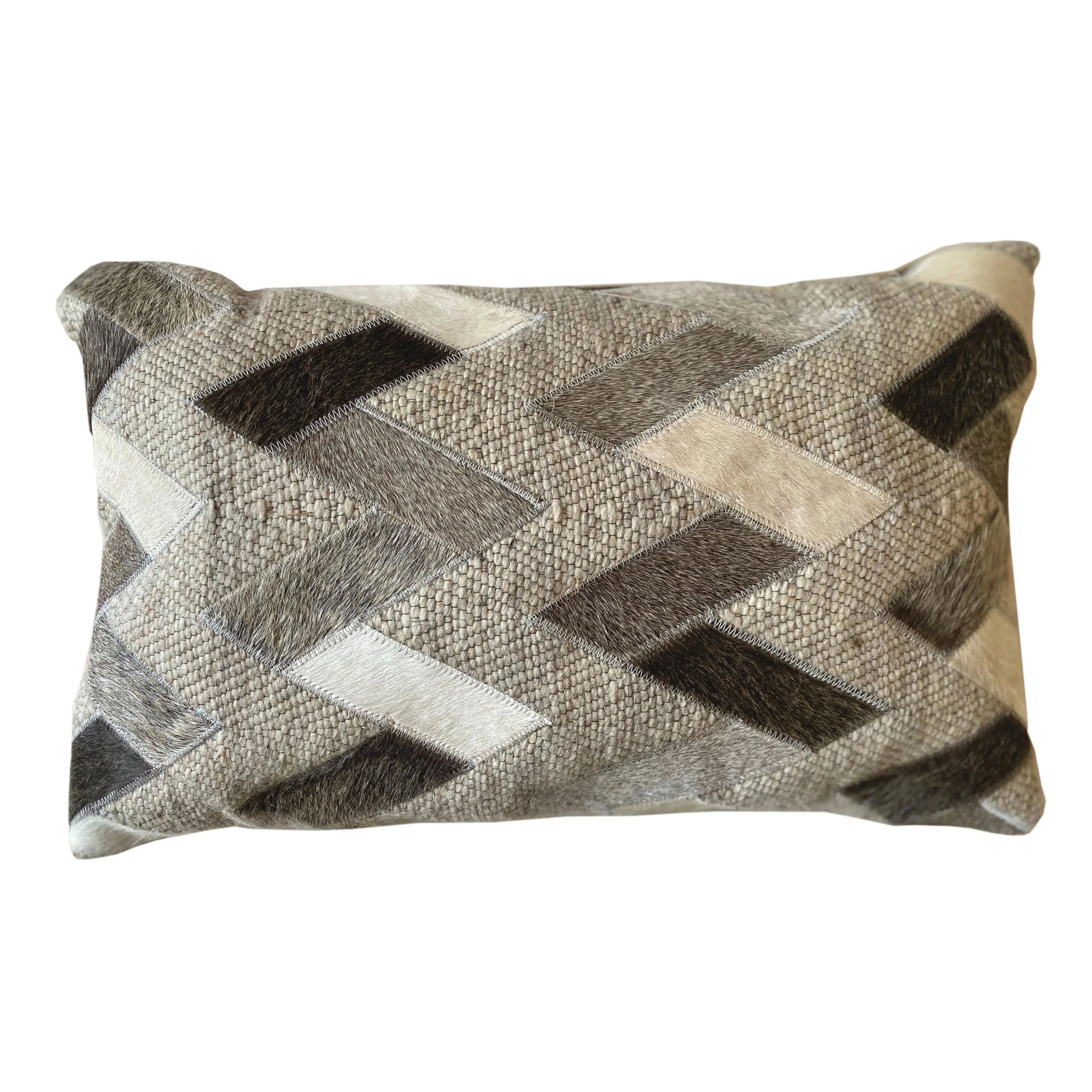 Owen Throw Pillow Grey 13"x21"x4" Multifunctional Hide Pillow with Neutral Grey & Ivory Pieced Pattern for All Seasons Cowhide Decor