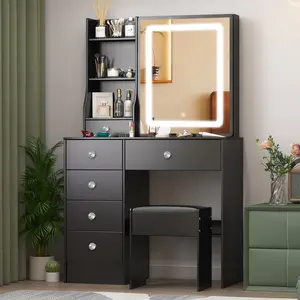 Dressing Table w/ LED Sliding Mirror & 6 Drawers Vanity Makeup Desk Stool Black