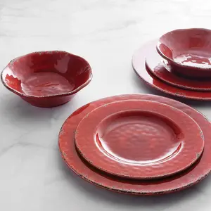 12 Piece Crackle Melamine Dinnerware Sets, Outdoor Dishes Set, Plates and Bowls Sets, Service for 4, Red