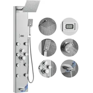 VEVOR Shower Panel System, Summervibes, 5 Shower Modes, Digital Display Shower Panel Tower, Rainfall, 8 Massage Jets, Tub Spout, 3-Setting Handheld Shower Head 59" Hose, Stainless Steel Wall-Mounted Shower Set