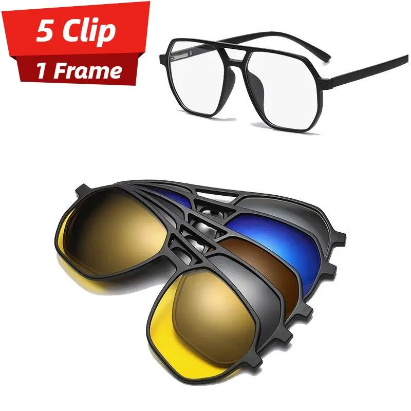 Unisex Polarized Sunglasses Set, 6-in-1 Large Frame Magnetic Clip-On Lenses, Over-Glass Sun Protection for Driving & Outdoor Use, Outdoor Sunglasses, Polarized Glasses, Men's Sunglasses Polarized