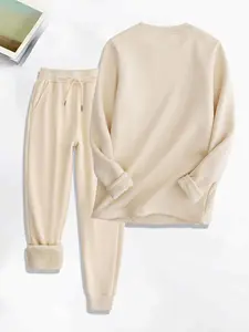 Women's Solid Loose Crewneck Thermal Lined Pullover & Pocket Drawstring Waist Pants Set, Casual Minimalist Fashion Cozy Warm Outfits For Daily Wear, Women's Clothing For Fall & Winter