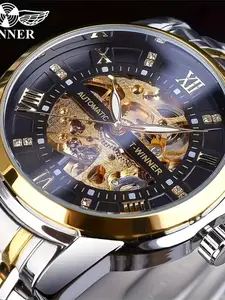 Luxury Men's Automatic Mechanical Watch, Stainless Steel Strap, Analog Watches, Stainless Steel Wristwatch, Roman Numerals, Elegant Gift, No Battery Needed, Business Casual Style, High Quality Watches, Stainless Steel Watches