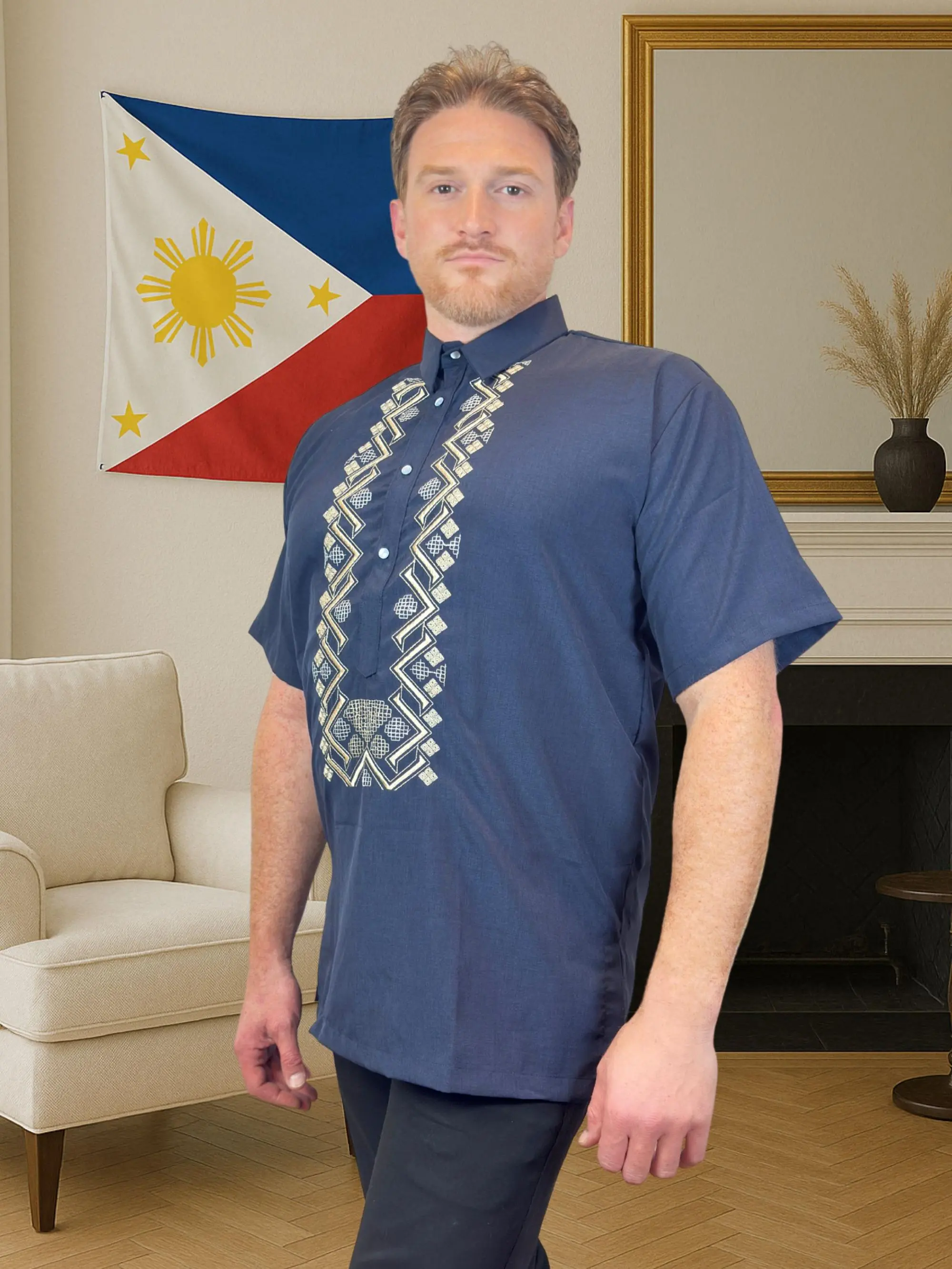 Handmade Kapamilya Navy Short Sleeve Wavy-Pattern Cotton Polo Barong Tagalog for Men – Formal & Casual Dress Shirt, US Sizes