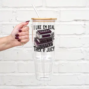 Thick and Juicy Books 40oz Glass Tumbler with Handle, Lid and Glass Straws