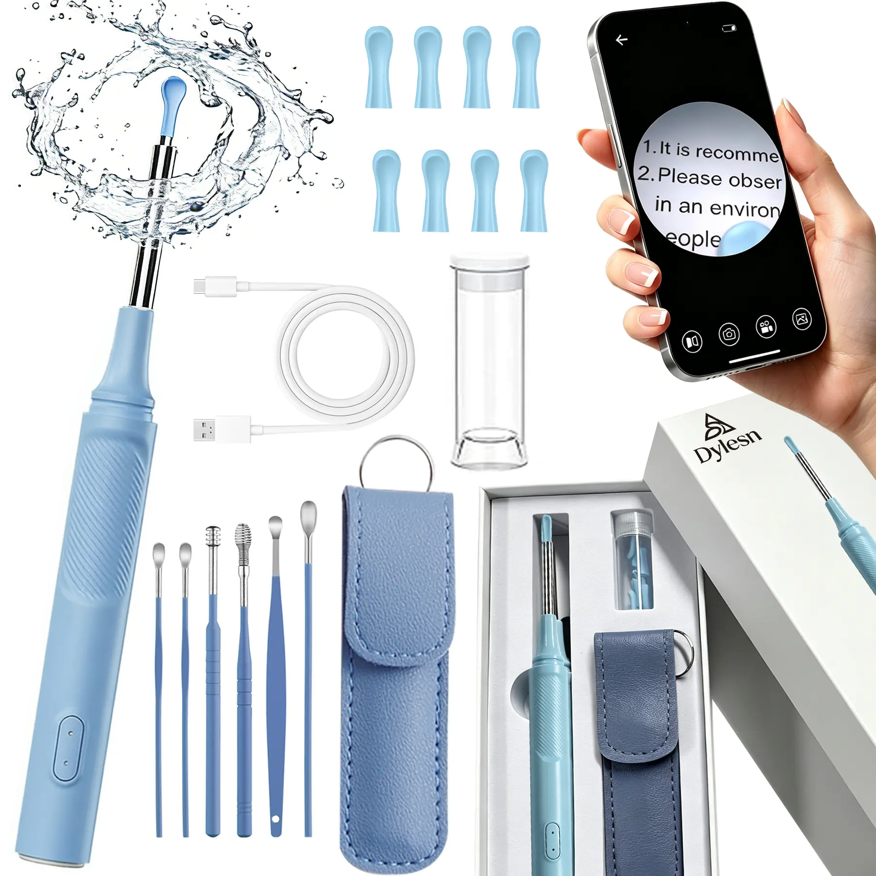 Dylesn TES-2 Ear Wax Removal Tool Camera Pain-Free Ear Cleaner with HD Otoscope Safe Silicone Tips Ear Cleaning Kit for Family (Ice Blue)