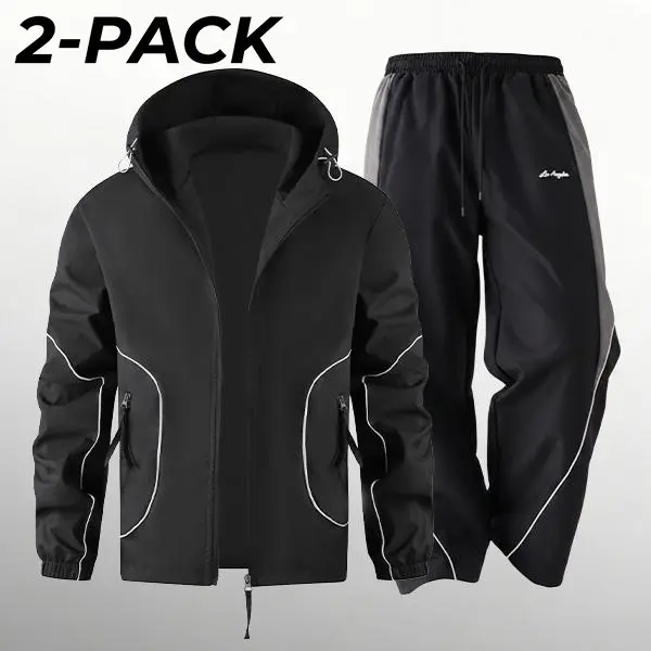 Men’s spring/autumn casual sports hooded sun-protection set, 100% polyester fiber, reflective stripes on sleeves, elastic drawstring design on pants, comfortable and versatile, suitable for work and sports.