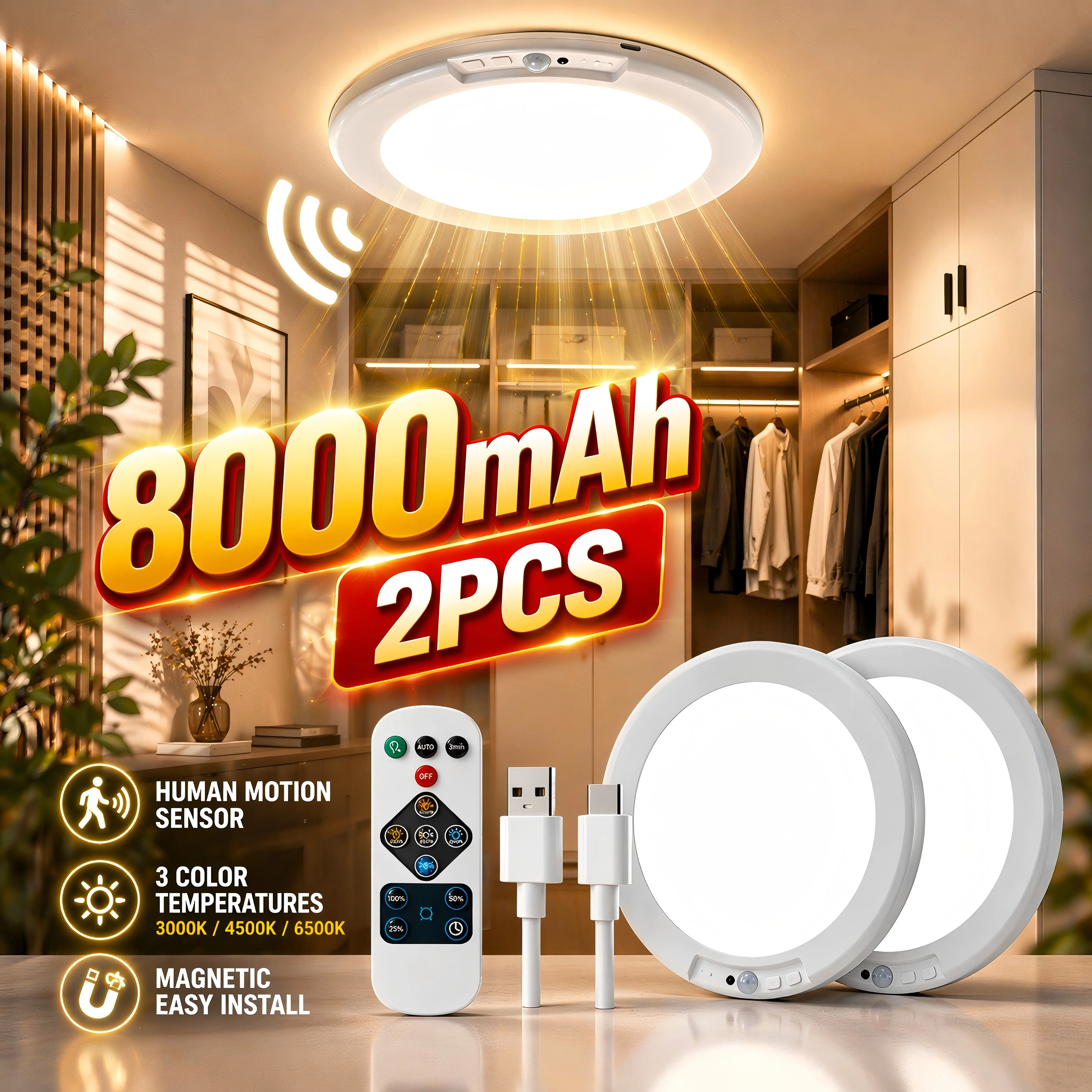 Rechargeable 8000mAh Motion Sensor LED Ceiling Light, Wireless Remote-Controlled, 3 Color Modes, Dimmable Led Interior Lights for Bathroom, Pantry