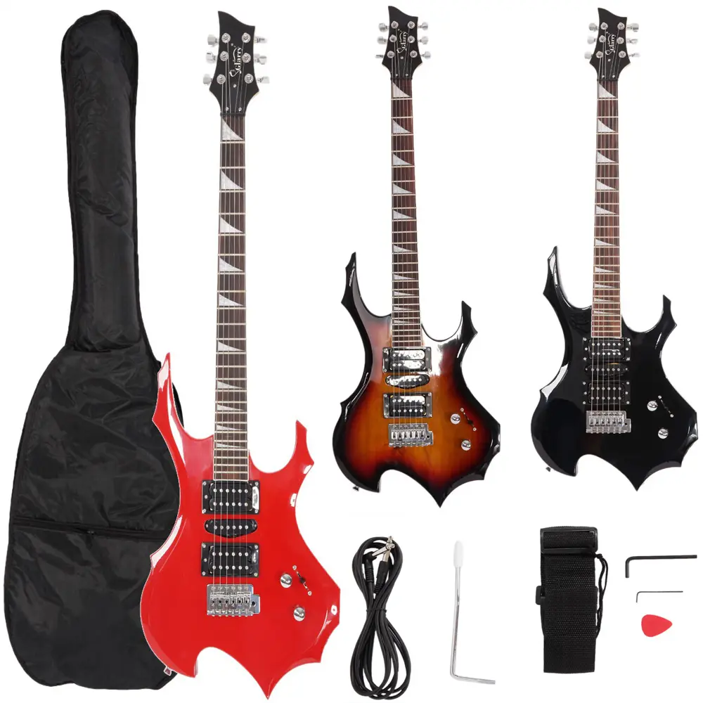 Beginner's Novice Guitar & Bass Guitar Accessory Set - Flame-Shaped Electric Stand, 20W Sound System, HSH Pickup, Audio Bag, Strap, Picks, Shake Cable, Wrench, Slider, Lightweight, Black/Red/Sunset, Powerful Audio Output, Enhances Sound Quality, Wholesale
