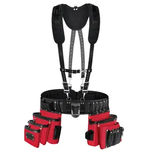 26 Pocket Red and Black Leather-Nylon Tool Belt with Suspenders For Roofers, Framers, Electricians, Plumbers, Carpenters
