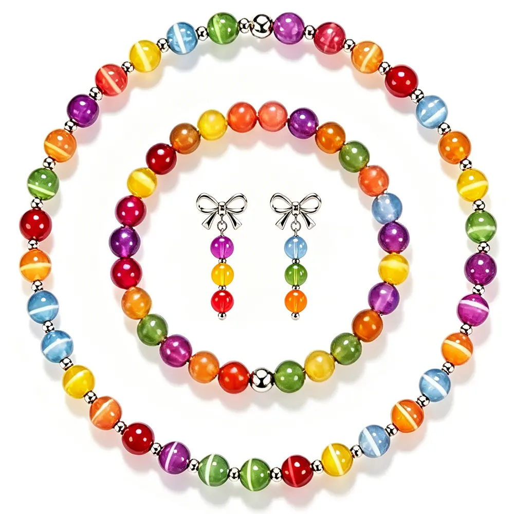Dopamine Necklace UV Reactive Colorful Rainbow Beaded Necklace Dopamine Jewelry Set Color Changing Mood Necklaces Bracelet Earrings Summer Beach Vacation Gift for Women 3Pcs-set