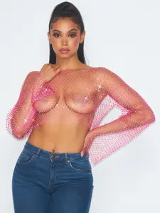 Diamond Dust Sheer Crop Top Stretchy Sparkling Mesh Rhinestone Embellished Long Sleeve Women