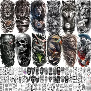 75 Sheets Realistic Lion Tiger Wolf Temporary Tattoos For Men Women Adults, Half Arm Sleeve Fake Tattoo Stickers Skull Skeleton Compass, Bulk Temp Rose Flower Jesus Christ Tattoo Spartan Warrior Eagle