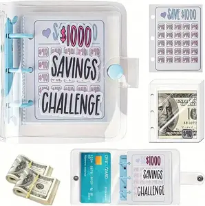 $1000 Money Saving Challenge Binder Reusable Blue Budget Book with Cash Envelopes Office Stationery Budgeting Planner Secure Cash Storage Durable Practical 25 Waterproof PVC Pockets