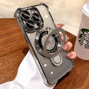 For iPhone 14 15 Pro Max Luxury Wireless Charging Magsafe Phone Case For iPhone 11 12 13 14 15 Pro Max Plus Transparent Magnetic Ring Bracket Cases Cover