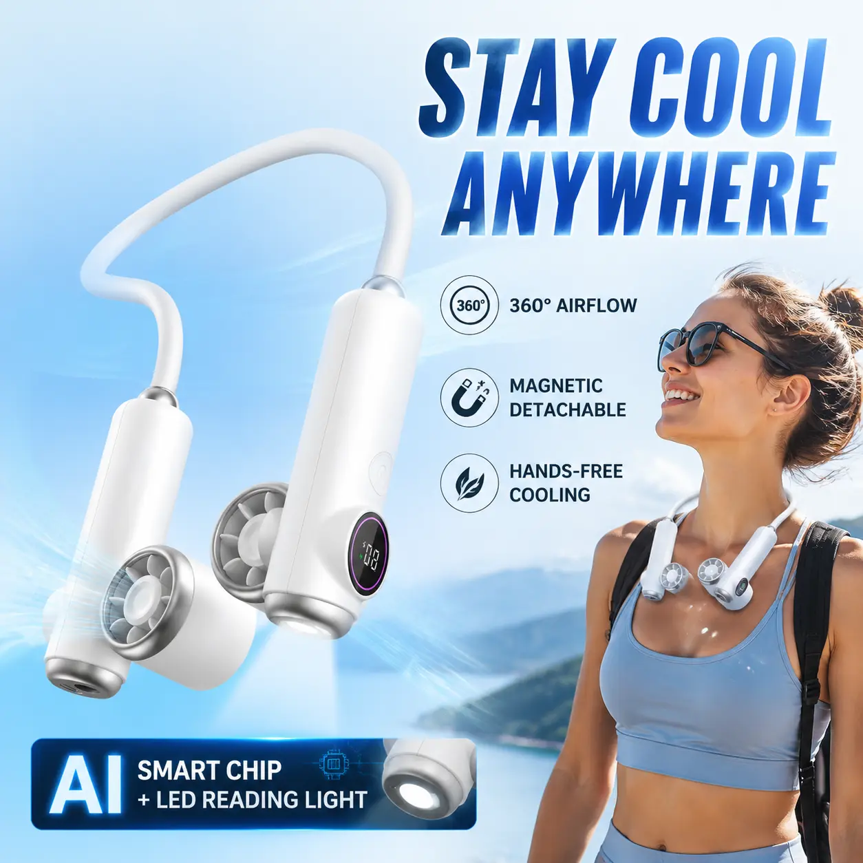 Smart AI Neck Fan with 360° Adjustable Airflow, Magnetic Detachable Fan Heads, LED Reading Light, Hands-Free Portable Cooling Fan for Summer Outdoor