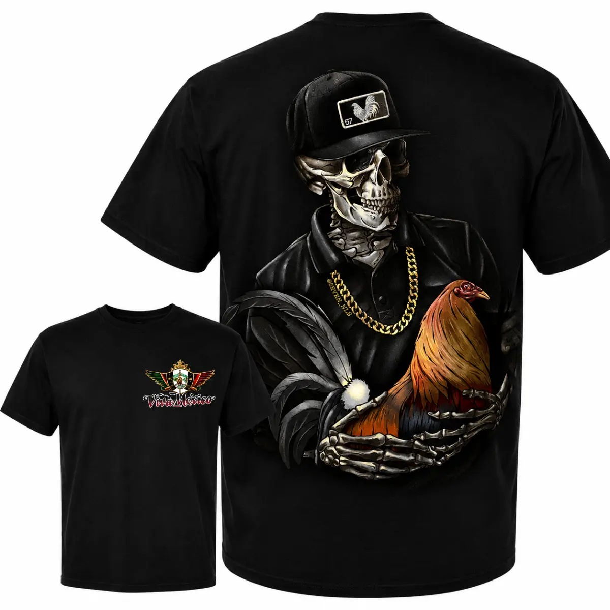 Mexican Skeleton Rooster T-Shirt, Viva Mexico Gamefowl Graphic Tee, Skull Chicken Lover Shirt, Western Streetwear Poultry Tee, Rooster Breeder Gift, Day of the Dead Mexican Heritage Unisex Cotton Shirt