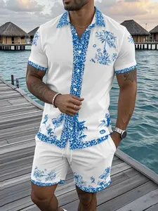 Manfinity RSRT Men's Vacation Palm Tree Digital Print Shirt And Shorts Casual Suit, Cozy Outfits