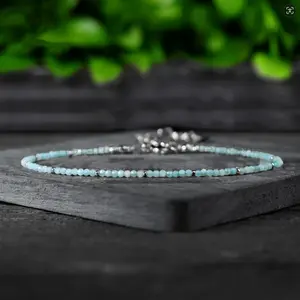 Natural Larimar Light Blue Stone 2mm Tiny Beads Crystal Healing Charka Crystal Dainty Sliver-Plated Chain Minimalist Bracelet Gift for Women