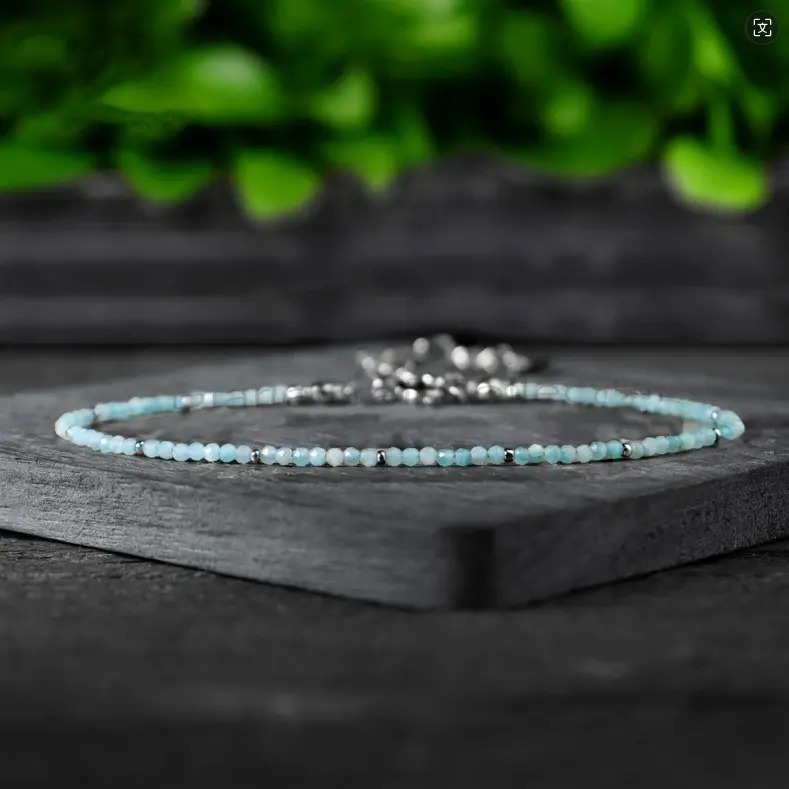 Women's Minimalist 2mm Tiny Natural Larimar Stone Beaded Bracelet, Silver-Plated Chain, Unisex Healing Crystal Jewelry for Adults, Tension Relief Daily Wear Gift