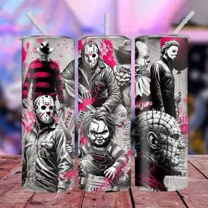 1 Piece 20oz Halloween Straight Water Bottle with Horror Movie Character Print, Black and White Style Design, Stainless Steel Insulated Cold Water Cup Suitable for Coffee, Milk, Beer, and Beverages (with Straw)