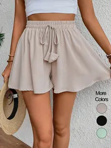 Women's Solid Color Tie Waist Shorts, Casual Comfy Wide Leg Shorts for Daily Wear, Ladies Bottoms for Summer