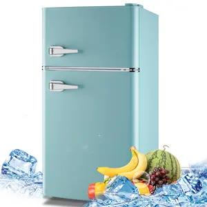 DEMULLER Retro Small Refrigerator with Freezer 3.5 Cu.Ft Mini Fridge with Handles for Bedroom Dual Door Adjustable Shelves Dorm Refrigerator Suitable for Home Garage Office College Greeny Blue Manual Defrost Manual Defrost