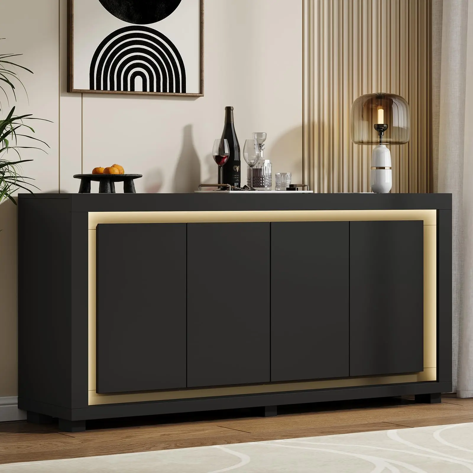 【SummerFinds】ONBRILL 63"Sideboard Buffet Cabinet,Kitchen Buffet Storage Cabinet with Power Outlets & LED Light, Modern Storage Cabinet with 4 Doors,Coffee Bar Console Wine Bar for Living Room,Kitchen,Hallway