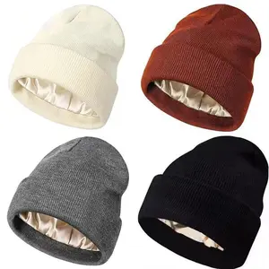 Trinket Hub 4 Pack Satin Lined Beanie Hats Soft Silk Lined Beanies Knit Warm Cuffed Hats for Women Men, Cold-Resistant Accessory Fit Daily WearGift