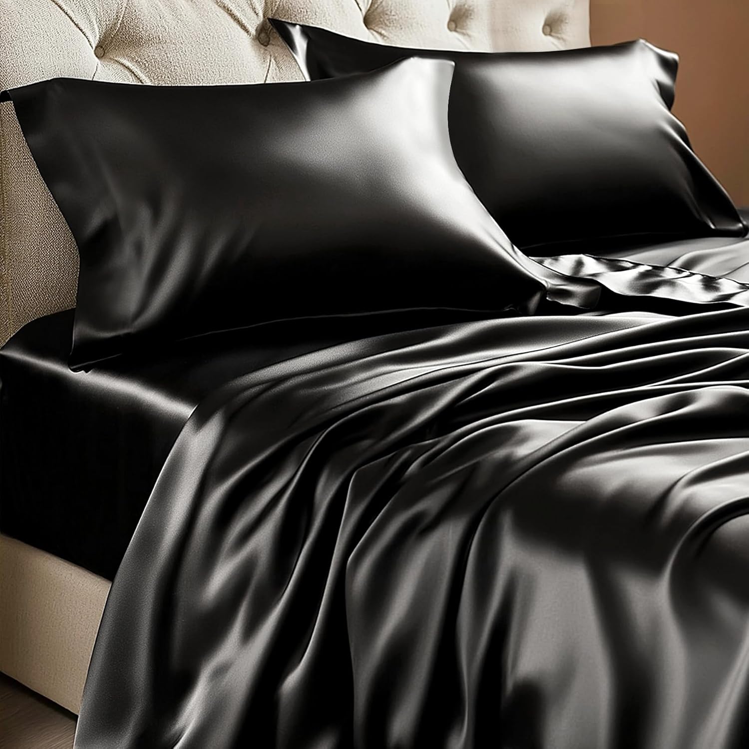 Luxury Black Satin Queen Sheet Set – Silky Soft, Cooling & Breathable Silk Feel Bedding, Hair & Skin Friendly, Deep Pocket 4 Piece Set