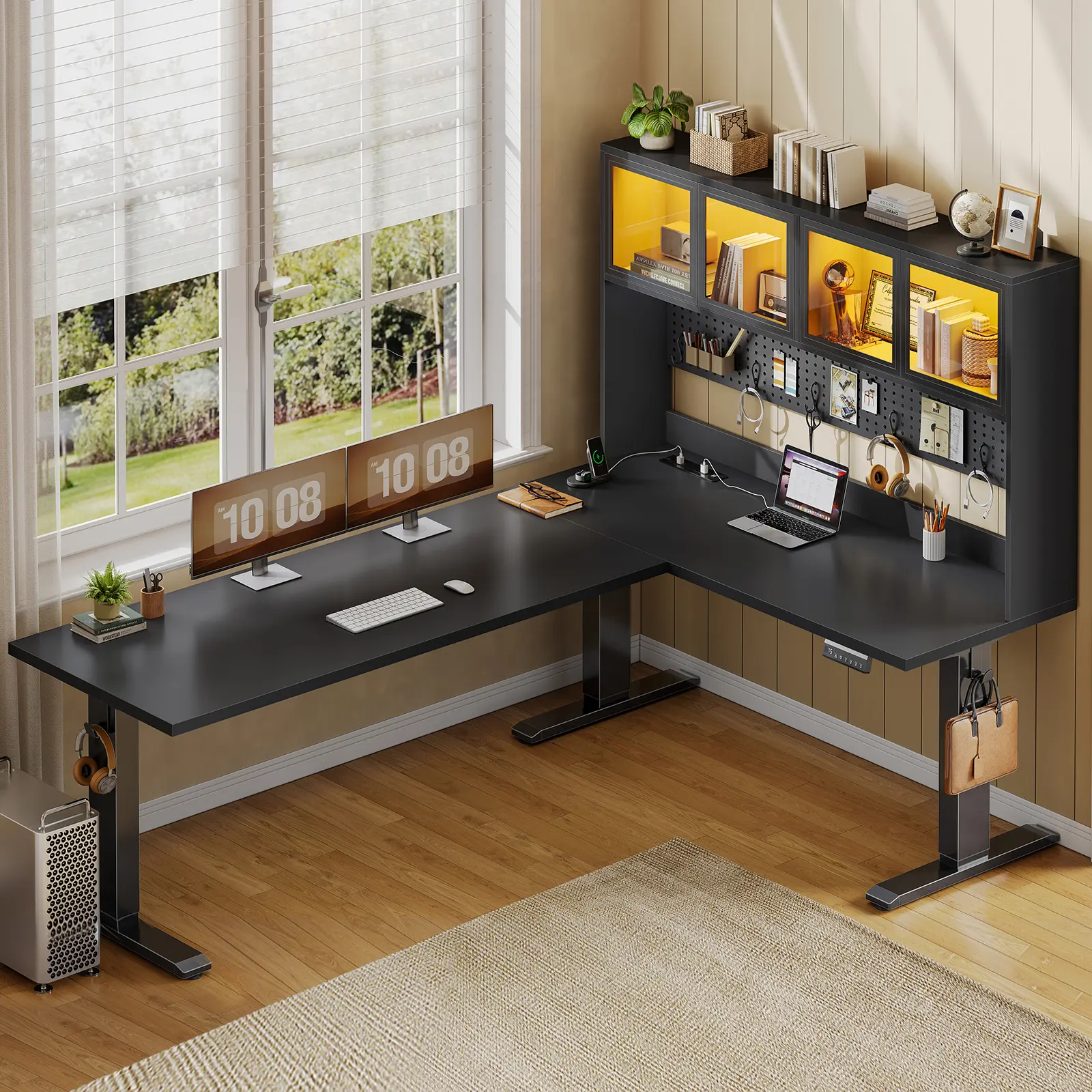 SEDETA 67 Inch Standing L Shaped Gaming Desk Office Computer Desk with Storage Hutch Stand Up Corner Desk with Pegboard & Led Lights for Home Office