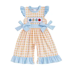 Newborn Baby Girl Halloween Gingham Bows Flared Romper Jumpsuit Ruffles Sleeveless Pumpkin Plaid Overalls Pants