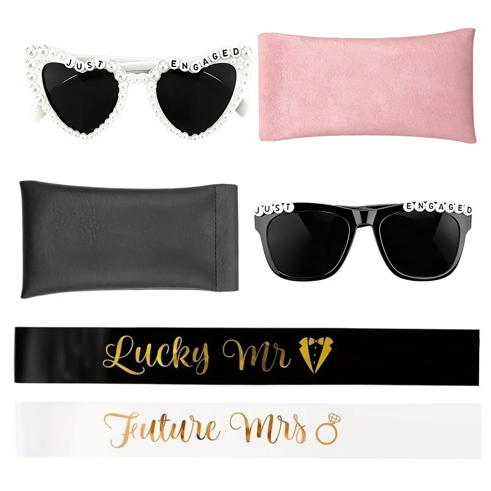 Wedding Gift Party Favor Set for Engaged Couples - Just Engaged Bride and Groom Sunglasses, Future Mrs Sash, Lucky Mr Sash, Bride Accessories, Wedding Decor Essentials