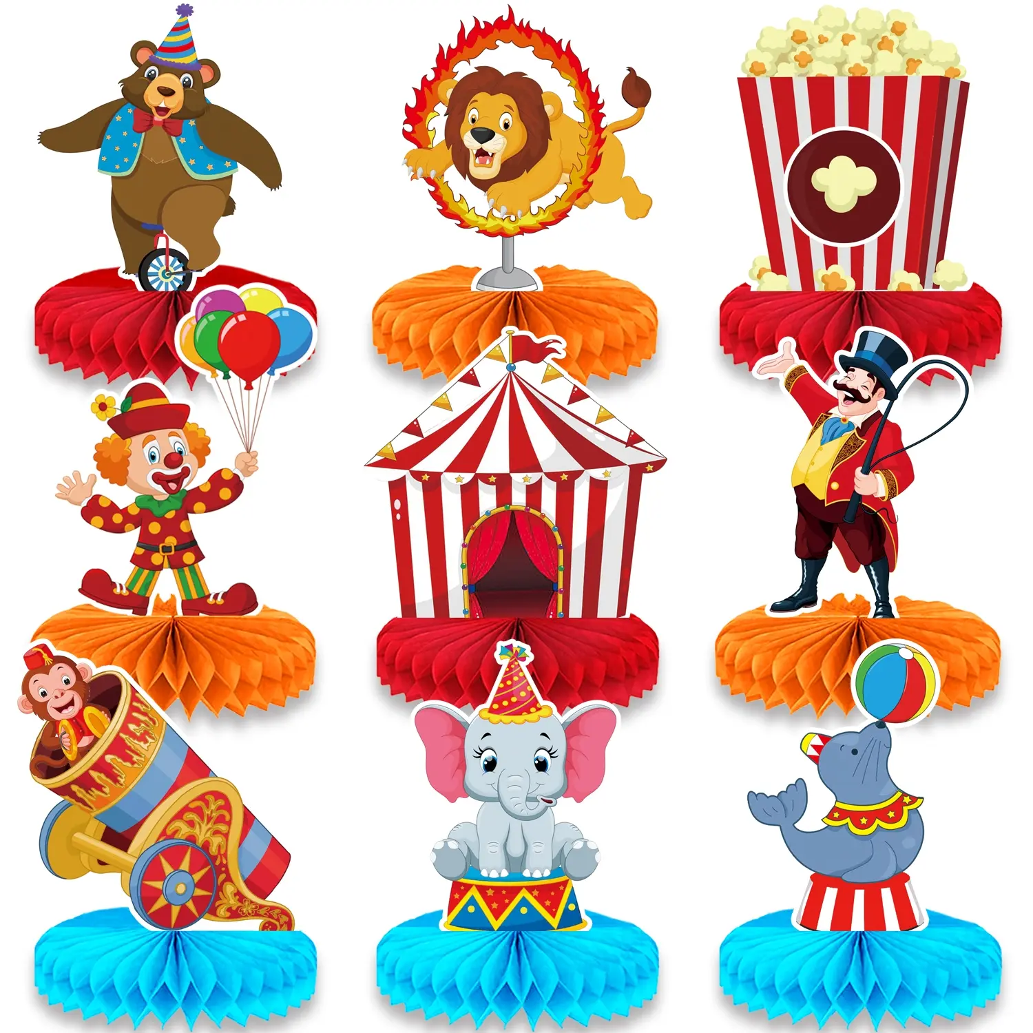9Pcs Carnival Party 3D Honeycomb Centerpieces Decorations Set, Festive Decoration, Party Accessory, Circus Table Center Piece for Carnival Theme Party Decorations Birthday Party Decorations Circus Party Supplies