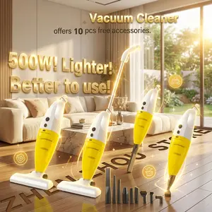 500W Corded Stick Vacuum Cleaner with 10 Accessories, 15KPa Powerful Suction, 2-in-1 Lightweight Handheld Vacuum Cleaner, Equipped with HEPA Filter, Silent Portable Dust Remover, Suitable for Hard Floors, Carpets, Pet Hair, Sofas, and Dormitories, Yellow