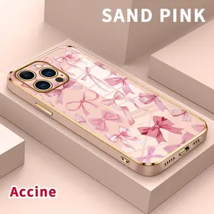 Luxury Electroplated Phone Case for iPhone 17 Pro Max Air 16 15 14 Plus 13 12 11 Pink Bow Symphony Pattern Soft TPU Silicone Ultra Slim Cellphone Cover Protective Shockproof Casing
