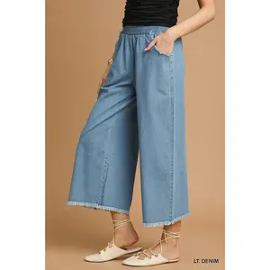 Umgee Washed Denim Pants with Fringe Hem