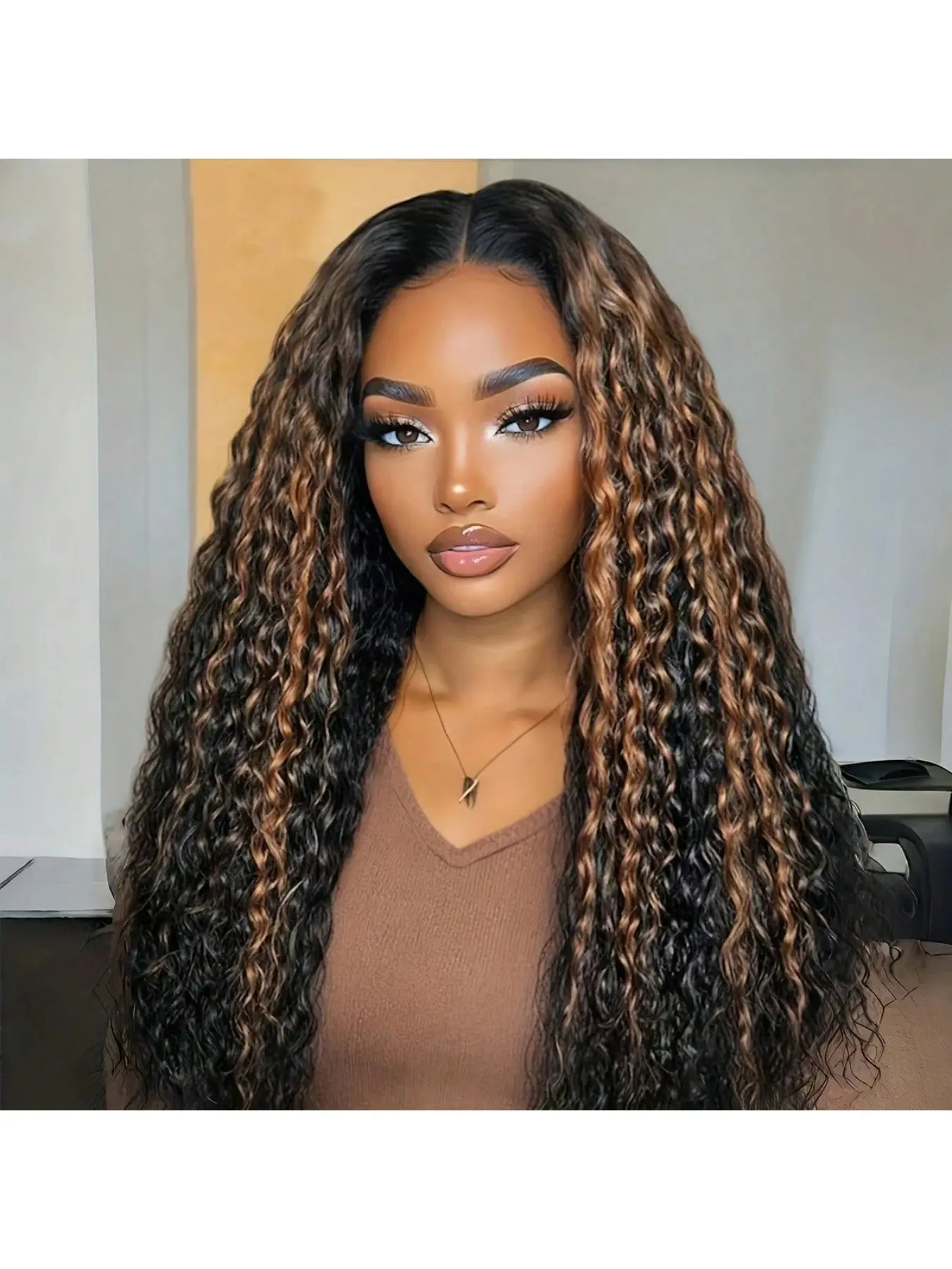 Women 1B/30 Ombre Highlight Lace Front Wig, 5x5 Deep Wave Glueless Closure Wig Human Hair, Pre Plucked Baby Hair, 180% Density Fluffy Curly Brown Wig Easy Wear Human Hair Wigs