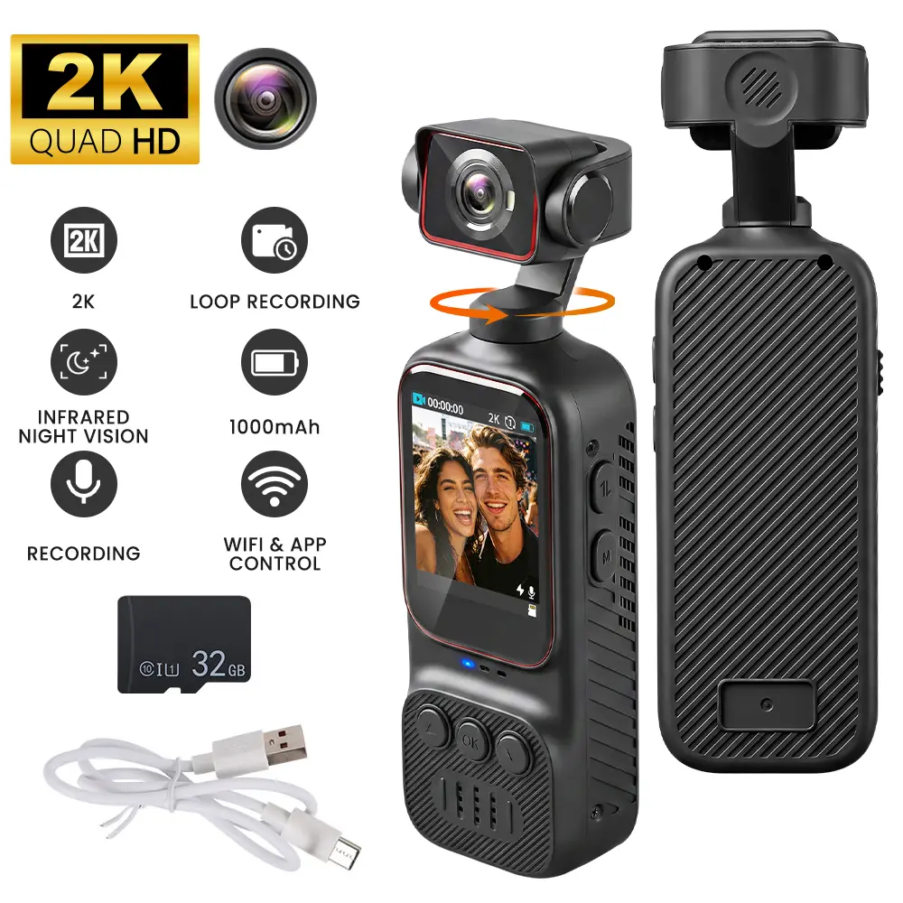 Podofo 2K Vlogging Video Camcorder with 32G MicroSD Card, LCD Screen, Auto-Rotate Mini Portable Body, Handheld Stabilizer, 270° Swivel, 2" CMOS Sensor, Built-in WiFi Control, Wide Angle Lens, Loop Record (for Riding, Security)