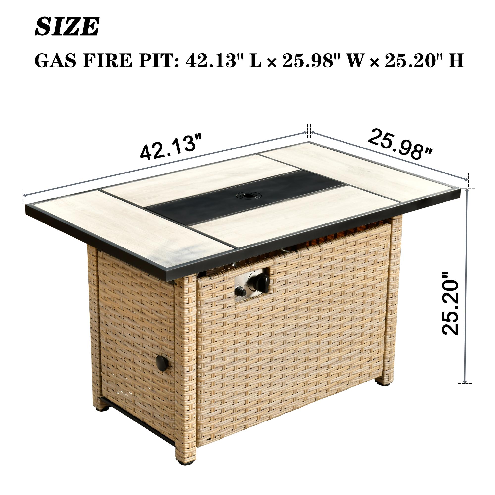 【Summer Clearance】OVIOS 42" Patio Fire Pit Table, 50,000 BTU Outdoor Wicker Rattan Fire Table, Propane Fire pits with Ceramic Tabletop, Waterproof Cover, Lid and Lava Rock, 2 in 1 Rectangular/Square Fire pit