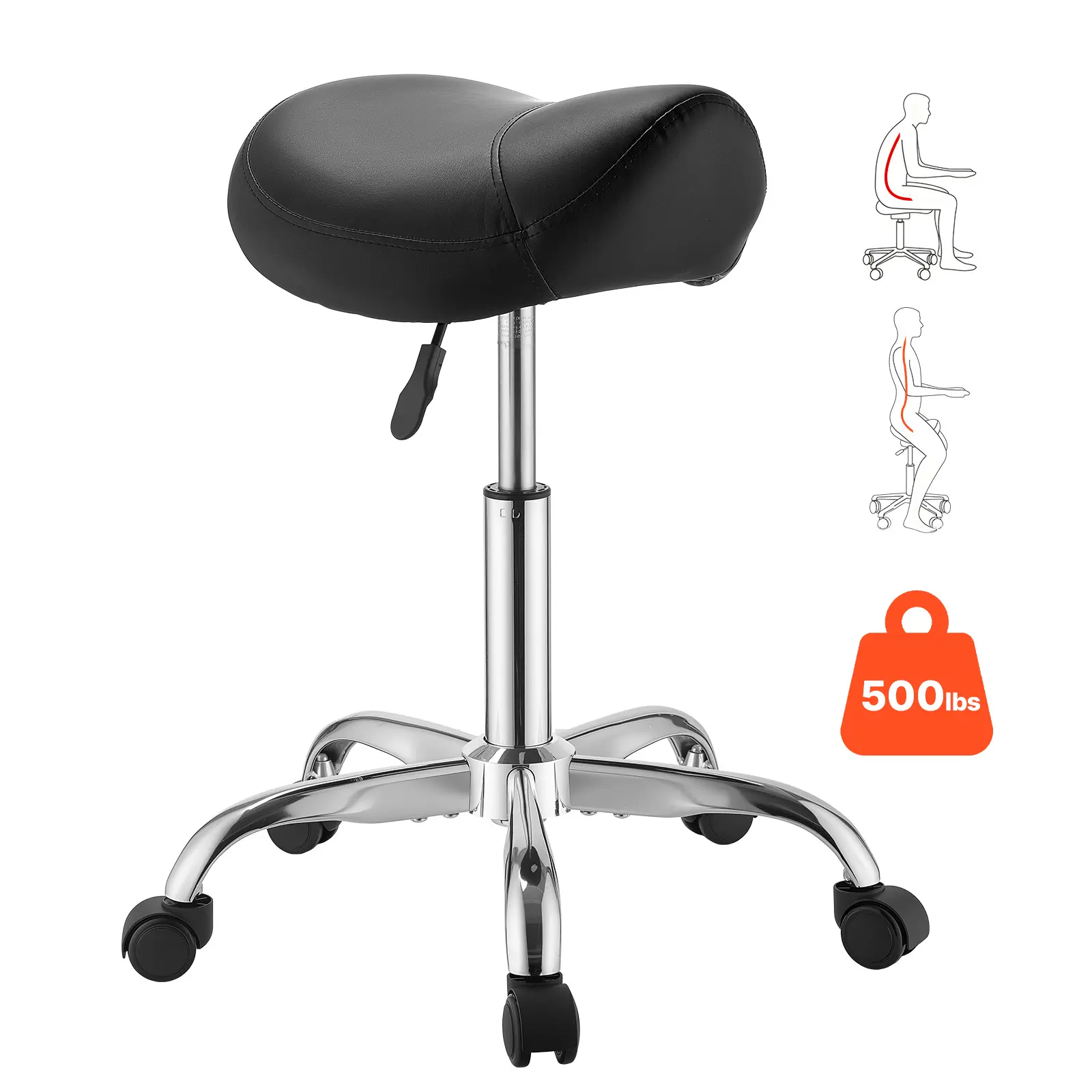 【SummerFinds】VEVOR Curved Ergonomic Saddle Stool with Wheels, Heavy-Duty Stable Base, 500 lbs Capacity Commercial Office Furniture, Height-Adjustment PU Leather Seat, 360-Degree Swivel Easy Roll Stool, Black (for Office/Beauty Spa Use), 360-Degree Stools