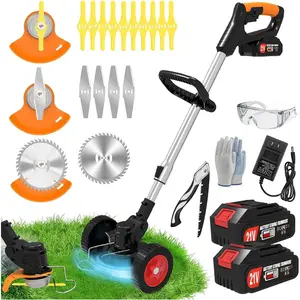 Weed Wacker Eater Battery Powered, 21V Lightweight No-String Weed Trimmer with 2 Battery Operated & Wheels, 3 in 1 Stringless Grass Trimmer/Edger/Brush for Yard Lawn