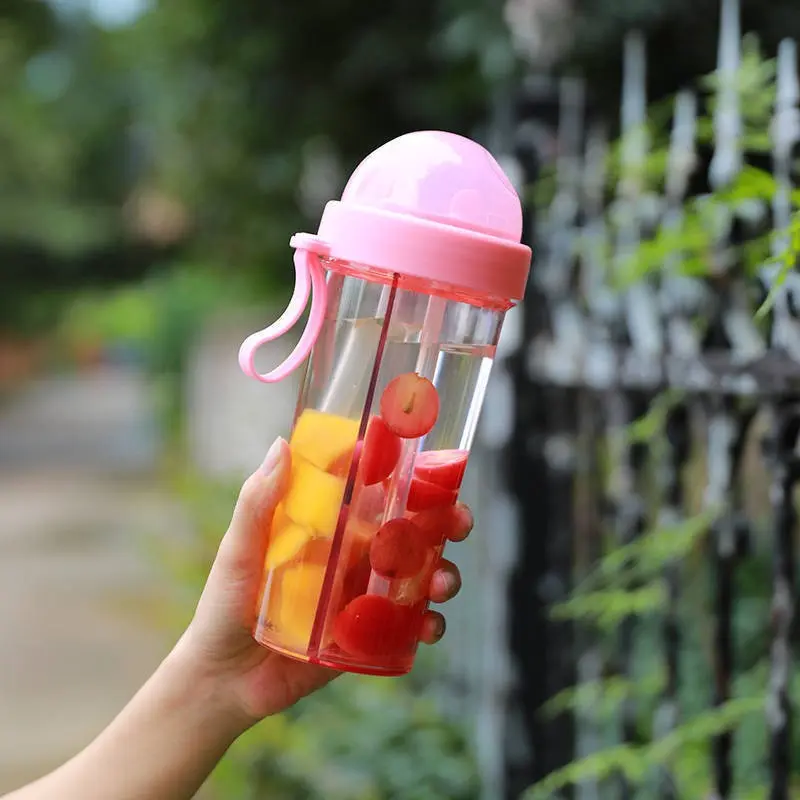 Creative Dual Compartment Plastic Cup, Portable Carry Handle Straw Cup, Student Office Fitness Outdoor Car Water Bottle, Hydration Bottle, Leakproof Durable Simple Design, Travel Water Bottle