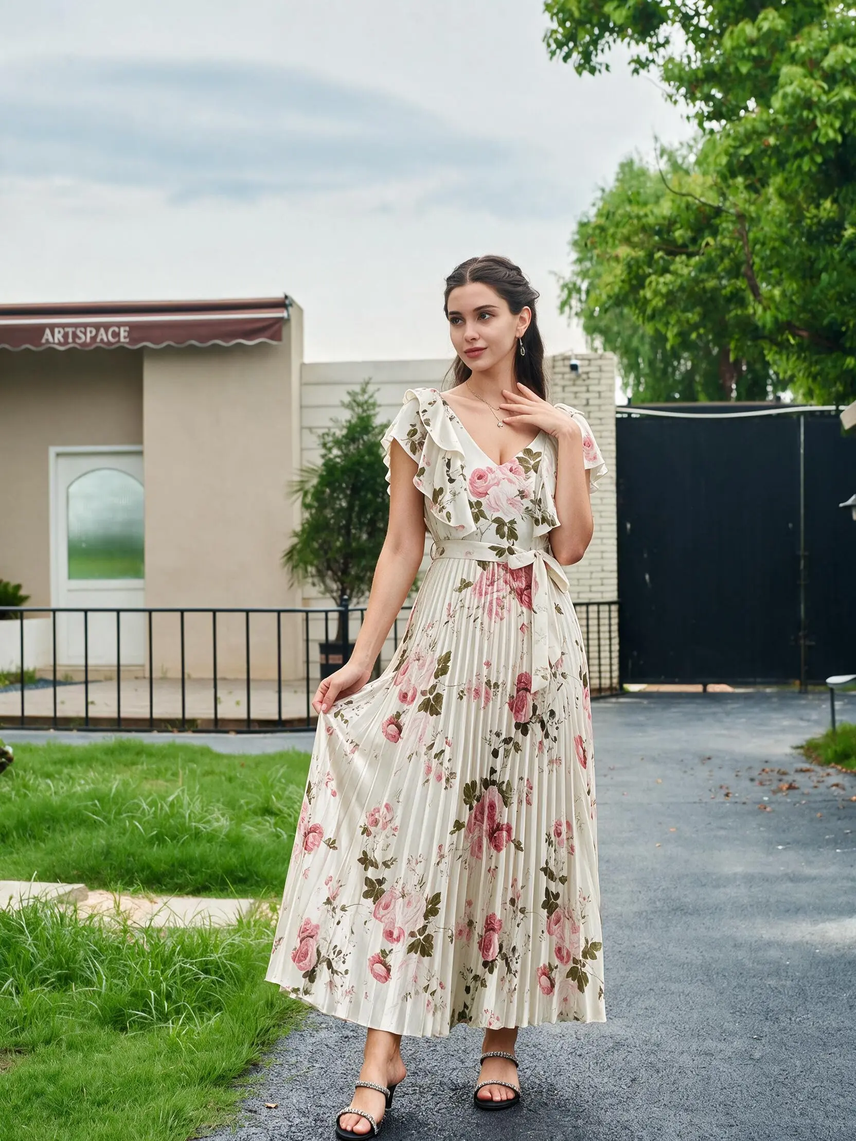 Vintage Rose Print Pleated Maxi Dress Ruffle Short Sleeve V Neck Belted Flowy Long Dress For Women