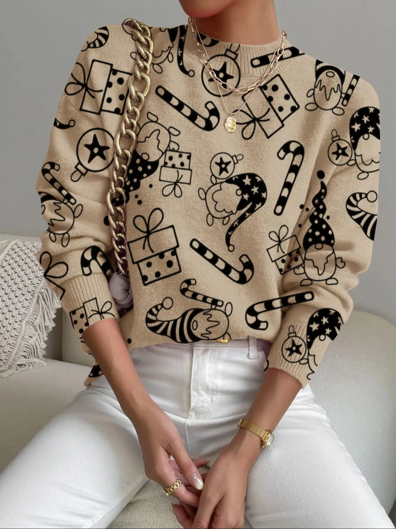 Women's Christmas Candy Print Stand Collar Sweater, Fall Winter Casual Long Sleeve Knitwear, Comfortable Warm Daily Wear