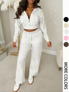 Women's Solid Zip Up Crop Cropped Drawstring Hoodie & Drawstring Waist Sweatpants Two-piece Set Top, Casual Fashion Cozy Breathable Two Piece Outfits for Daily Outdoor Wear, Women Clothes for Fall & Winter, Womenswear