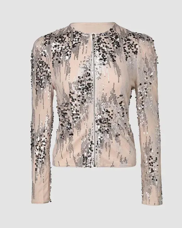 Women's Sparkly Glitter Sequin Metallic Puff-Long Sleeve Cropped Coat - Comfortable, Delicate Eye-Catching Texture, Lightly Luxurious Sweet-Cool Style Outerwear for Parties, Dates | Elegant Women's Clothes, Tops, Everyday, Zip Up