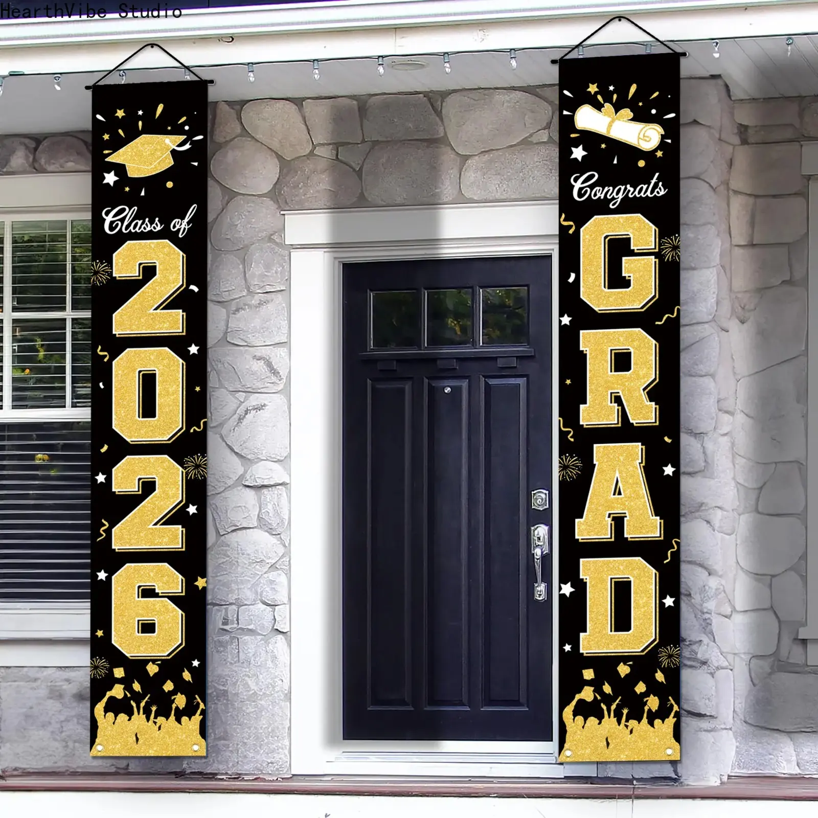 Sports & Outdoor 2PC 2026 Graduation Door Banners - Polyester Congrats Grad Signs with Fairy Accents, Star, Gold Party Decor for Garage, Senior Home Celebration Supplies, Two Pieces