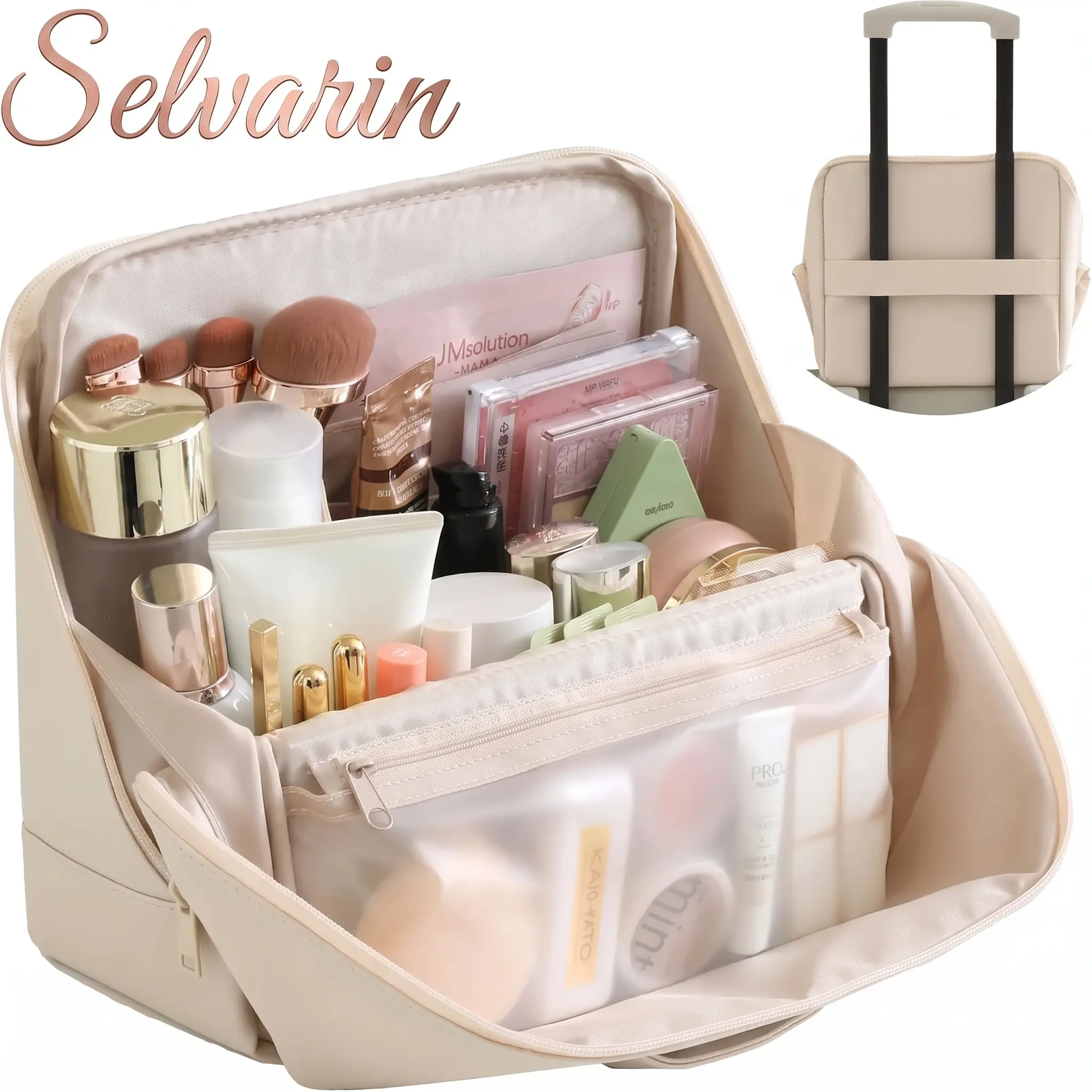 Selvarin Clean Girl Travel Makeup Bag with Luggage Strap, Minimalist Vanity Organizer Case, Waterproof Leather Cosmetic and Toiletry Organizer,Kitchen Storage Bag